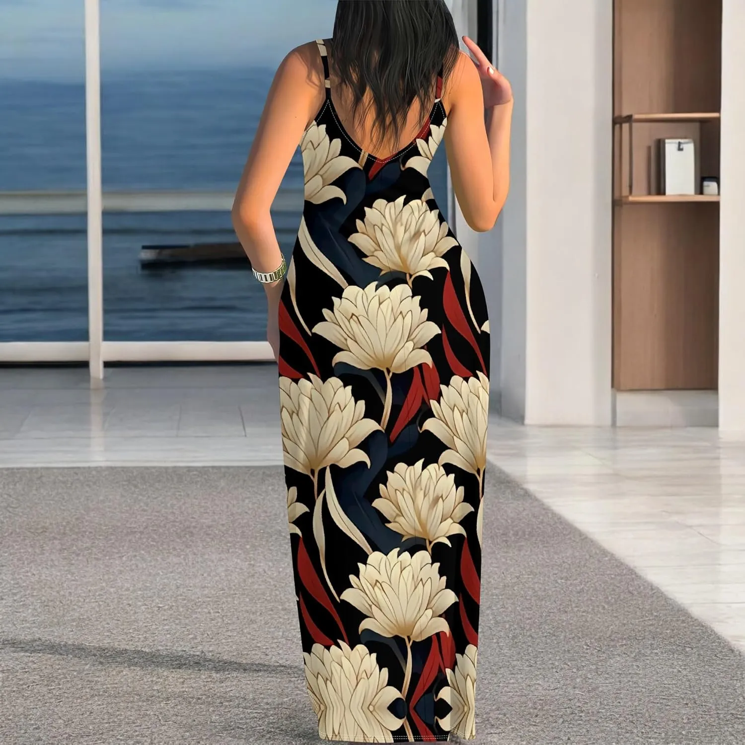Women's Summer Maxi Dress Casual African Print Spaghetti Strap Long Maxi Dresses Sexy V-Neck Floral Sleeveless Beach Sundress