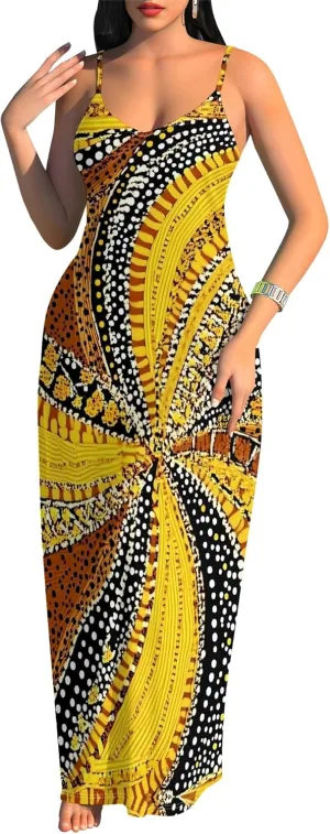 Women's Summer Maxi Dress Casual African Print Spaghetti Strap Long Maxi Dresses Sexy V-Neck Floral Sleeveless Beach Sundress