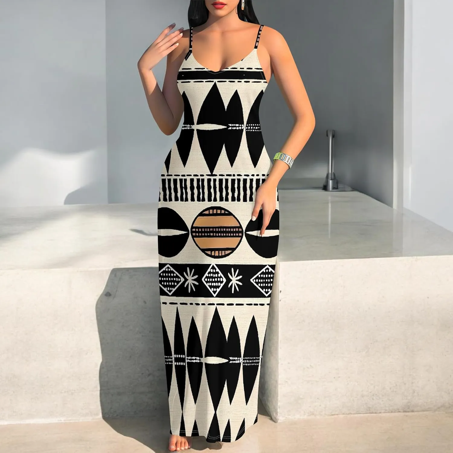Women's Summer Maxi Dress Casual African Print Spaghetti Strap Long Maxi Dresses Sexy V-Neck Floral Sleeveless Beach Sundress