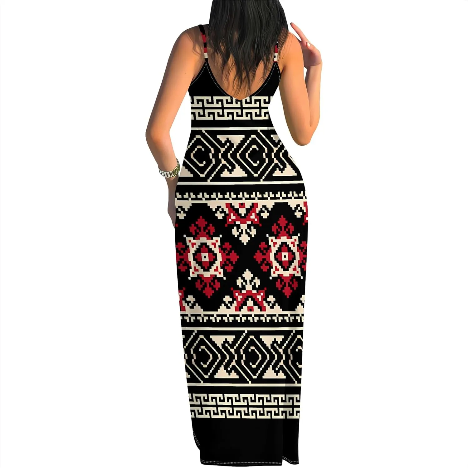 Women's Summer Maxi Dress Casual African Print Spaghetti Strap Long Maxi Dresses Sexy V-Neck Floral Sleeveless Beach Sundress
