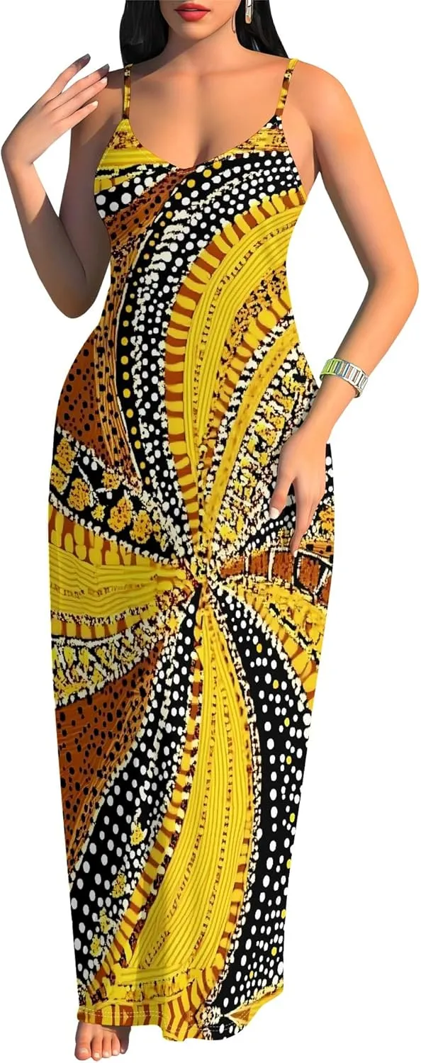 Women's Summer Maxi Dress Casual African Print Spaghetti Strap Long Maxi Dresses Sexy V-Neck Floral Sleeveless Beach Sundress