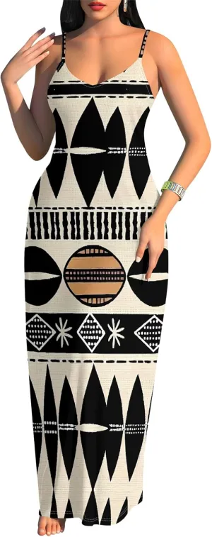 Women's Summer Maxi Dress Casual African Print Spaghetti Strap Long Maxi Dresses Sexy V-Neck Floral Sleeveless Beach Sundress