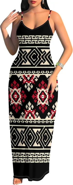 Women's Summer Maxi Dress Casual African Print Spaghetti Strap Long Maxi Dresses Sexy V-Neck Floral Sleeveless Beach Sundress