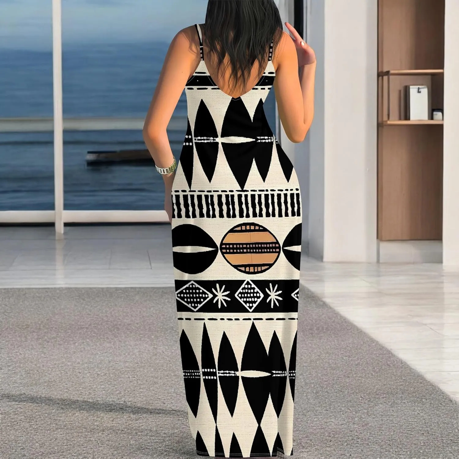 Women's Summer Maxi Dress Casual African Print Spaghetti Strap Long Maxi Dresses Sexy V-Neck Floral Sleeveless Beach Sundress