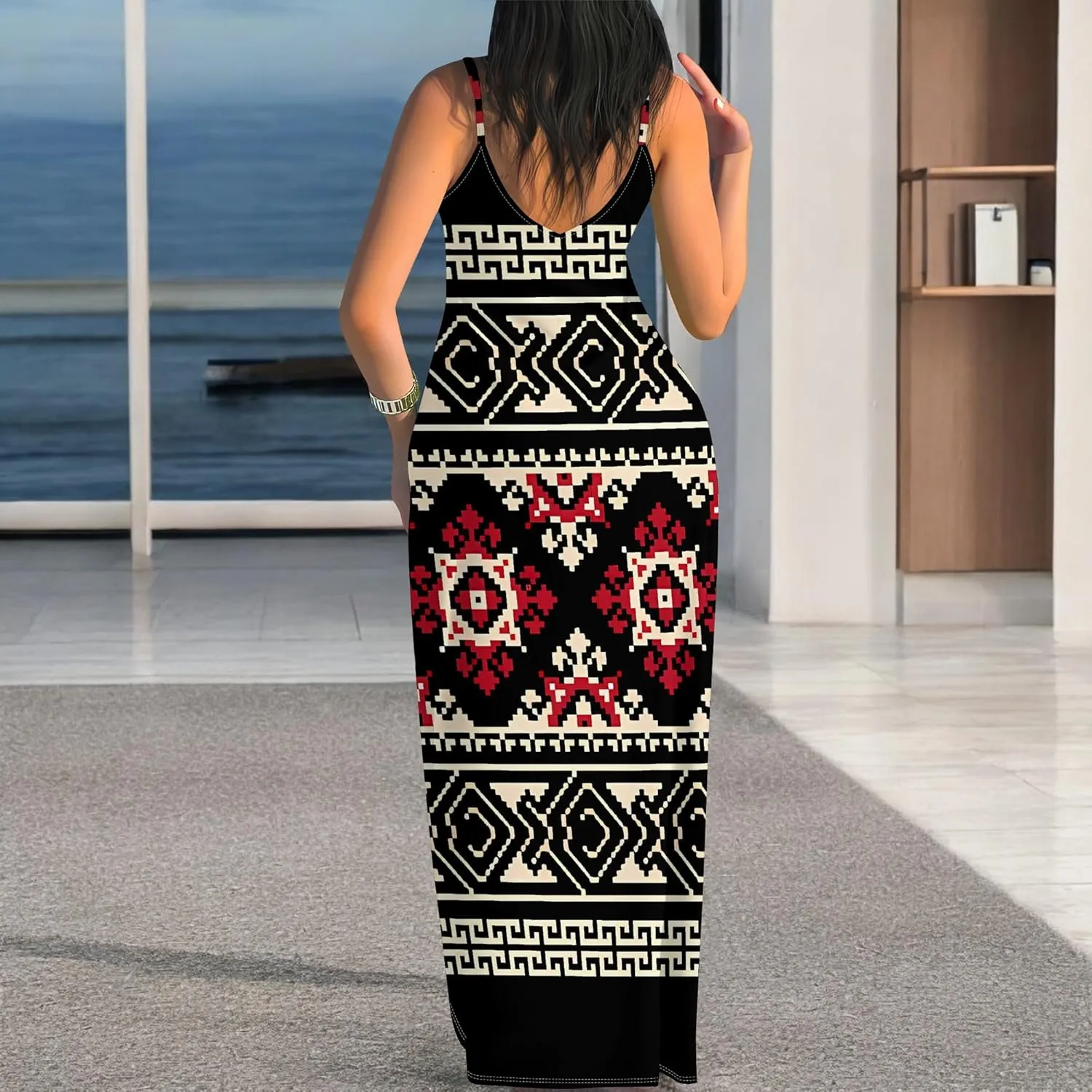 Women's Summer Maxi Dress Casual African Print Spaghetti Strap Long Maxi Dresses Sexy V-Neck Floral Sleeveless Beach Sundress