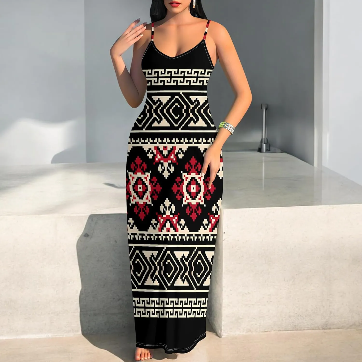 Women's Summer Maxi Dress Casual African Print Spaghetti Strap Long Maxi Dresses Sexy V-Neck Floral Sleeveless Beach Sundress