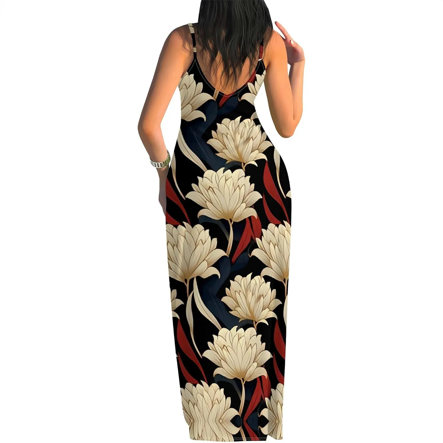 Women's Summer Maxi Dress Casual African Print Spaghetti Strap Long Maxi Dresses Sexy V-Neck Floral Sleeveless Beach Sundress