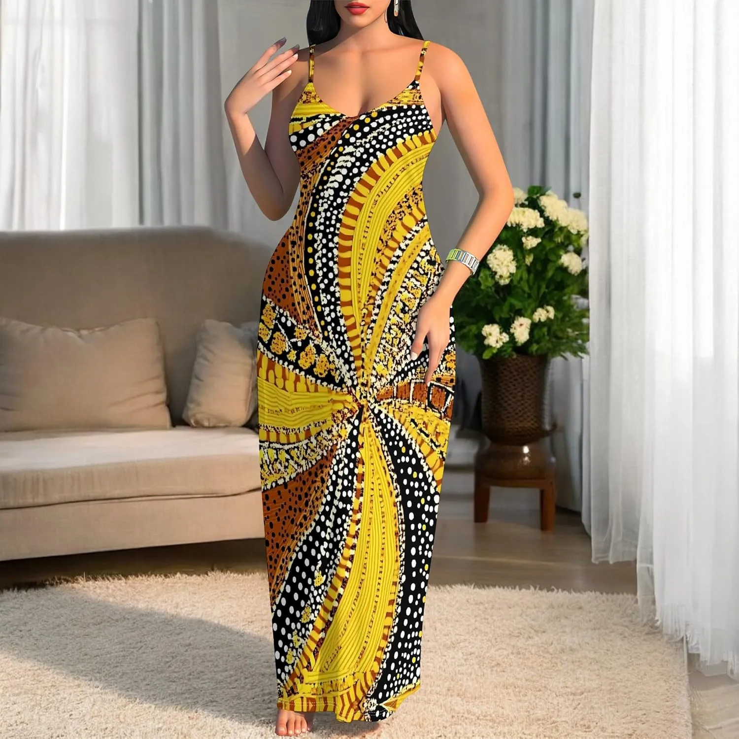 Women's Summer Maxi Dress Casual African Print Spaghetti Strap Long Maxi Dresses Sexy V-Neck Floral Sleeveless Beach Sundress