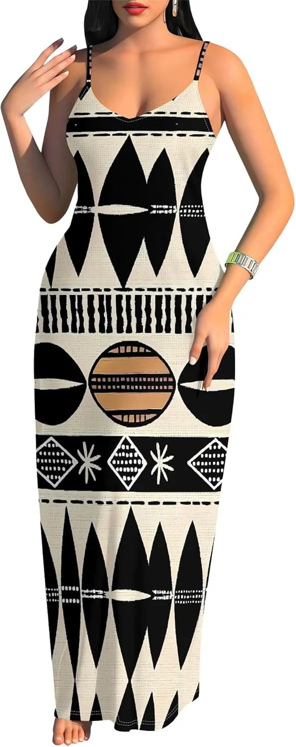 Women's Summer Maxi Dress Casual African Print Spaghetti Strap Long Maxi Dresses Sexy V-Neck Floral Sleeveless Beach Sundress