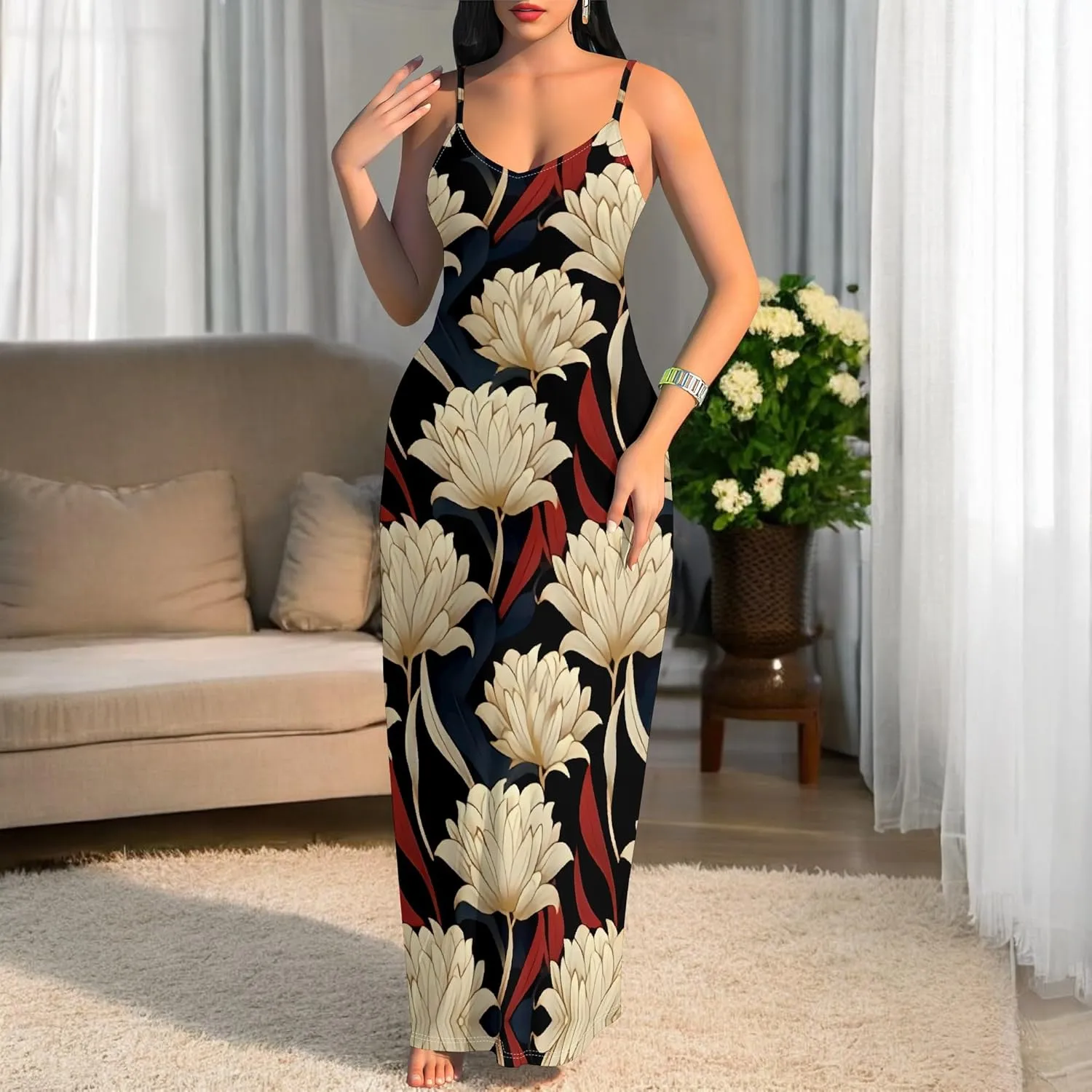 Women's Summer Maxi Dress Casual African Print Spaghetti Strap Long Maxi Dresses Sexy V-Neck Floral Sleeveless Beach Sundress