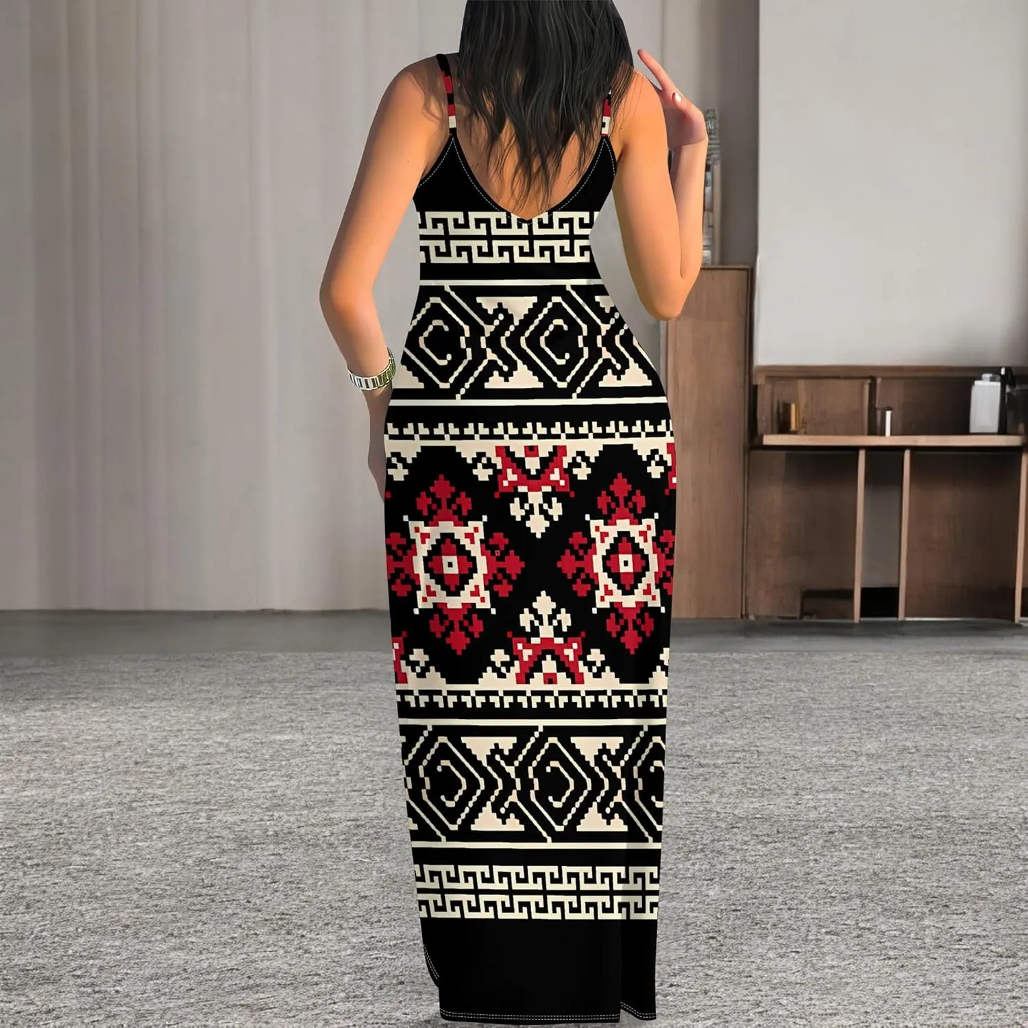 Women's Summer Maxi Dress Casual African Print Spaghetti Strap Long Maxi Dresses Sexy V-Neck Floral Sleeveless Beach Sundress