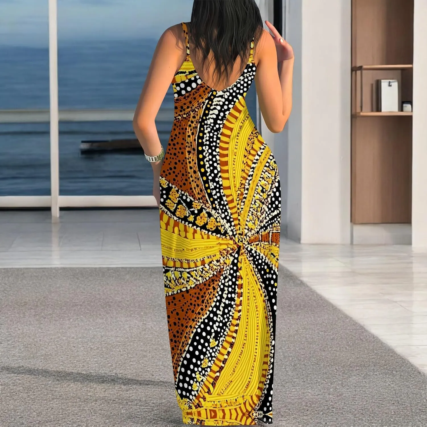 Women's Summer Maxi Dress Casual African Print Spaghetti Strap Long Maxi Dresses Sexy V-Neck Floral Sleeveless Beach Sundress
