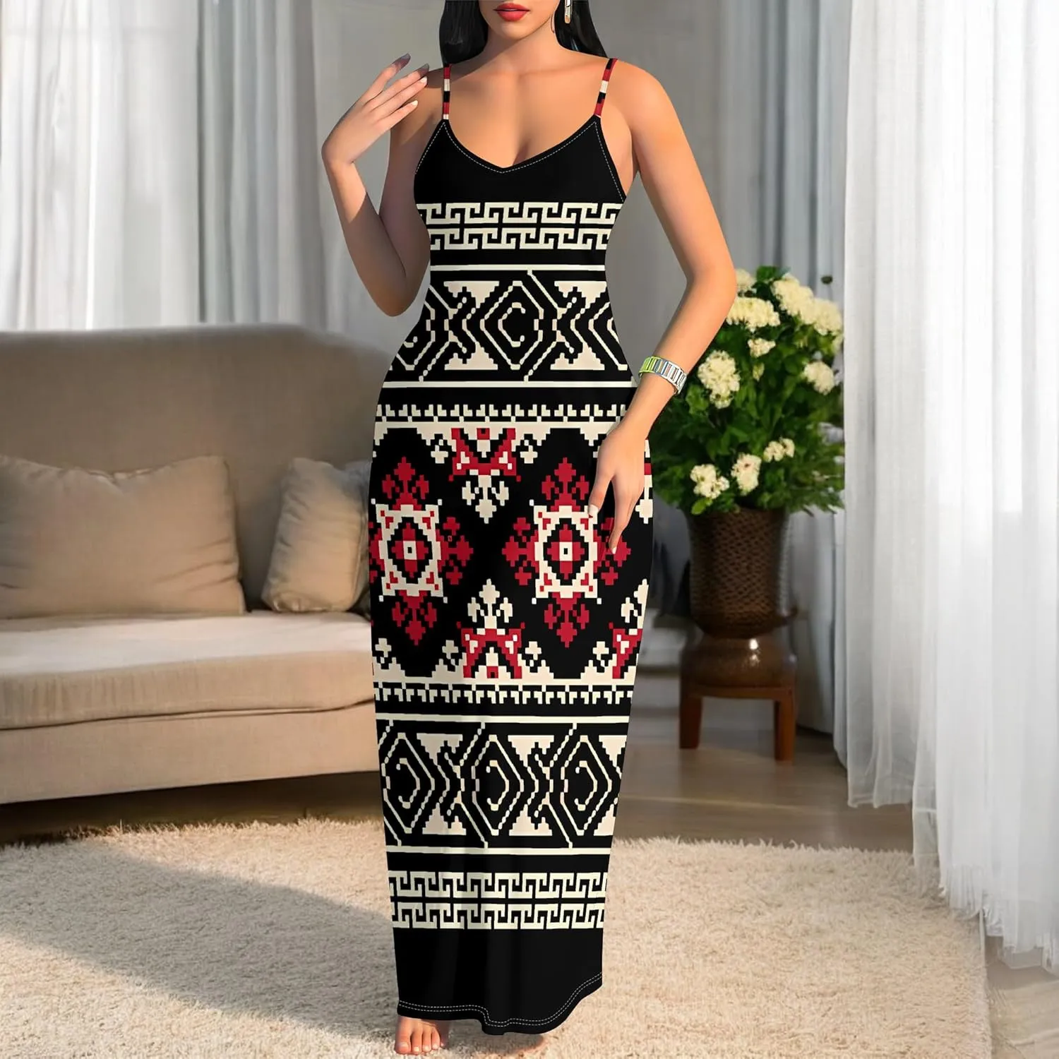 Women's Summer Maxi Dress Casual African Print Spaghetti Strap Long Maxi Dresses Sexy V-Neck Floral Sleeveless Beach Sundress
