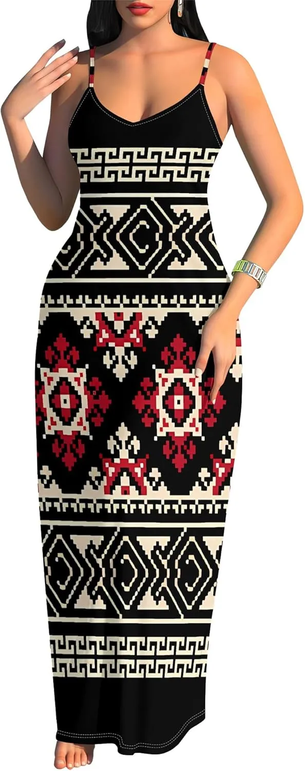 Women's Summer Maxi Dress Casual African Print Spaghetti Strap Long Maxi Dresses Sexy V-Neck Floral Sleeveless Beach Sundress