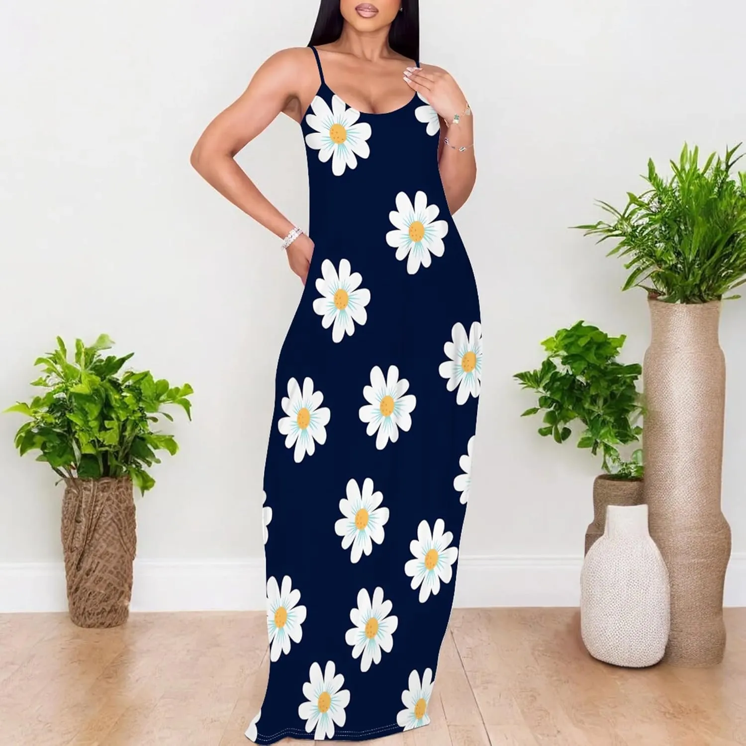 Women's Summer Maxi Dress Casual V-Neck Sleeveless Sundresses Spaghetti Strap Loose Long Dress with Pockets