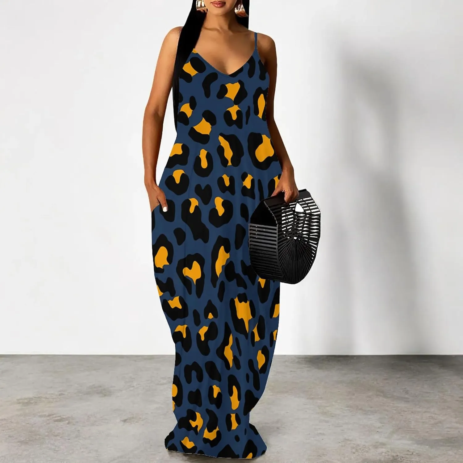 Women's Summer Maxi Dress Casual V-Neck Sleeveless Sundresses Spaghetti Strap Loose Long Dress with Pockets