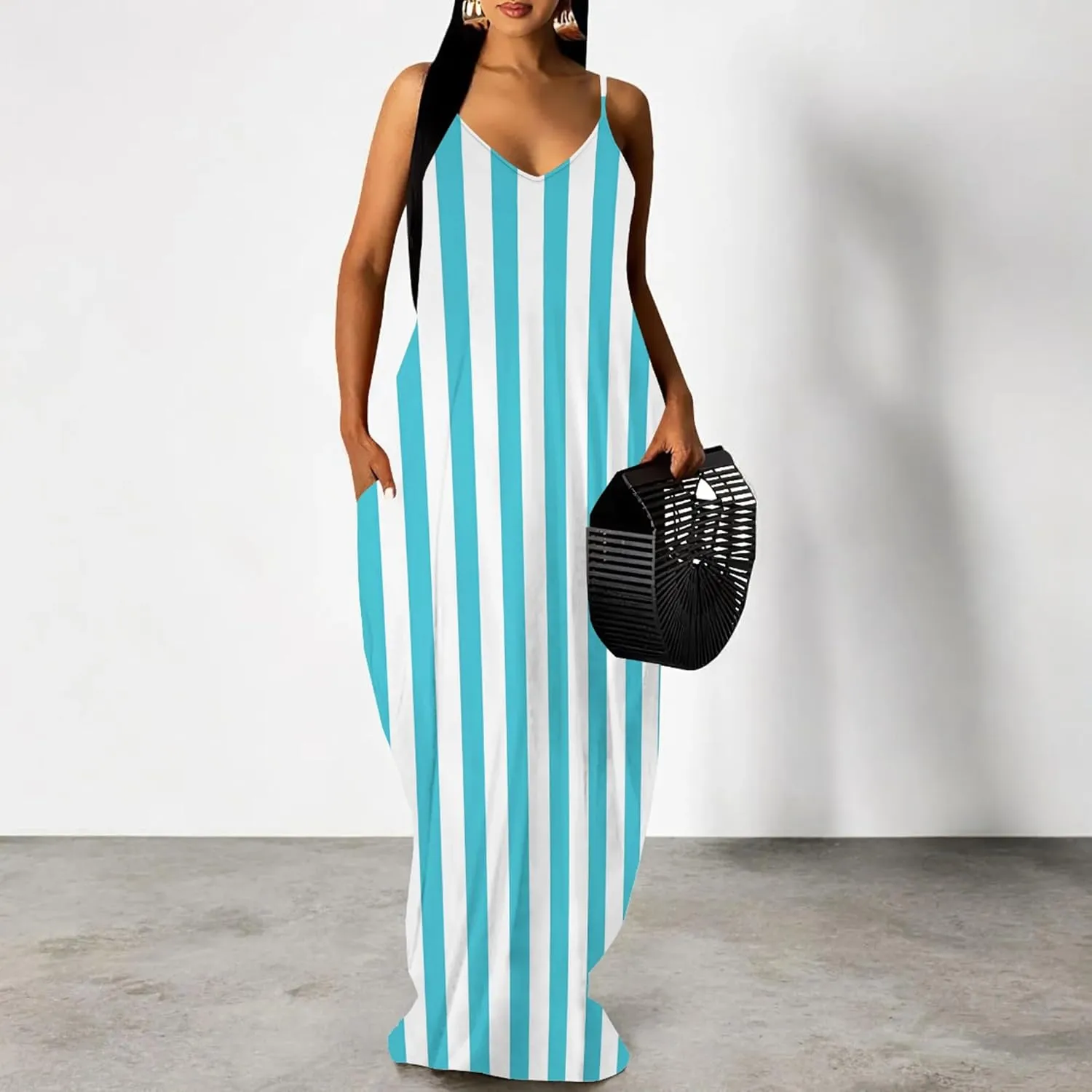 Women's Summer Maxi Dress Casual V-Neck Sleeveless Sundresses Spaghetti Strap Loose Long Dress with Pockets