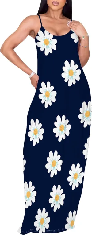 Women's Summer Maxi Dress Casual V-Neck Sleeveless Sundresses Spaghetti Strap Loose Long Dress with Pockets