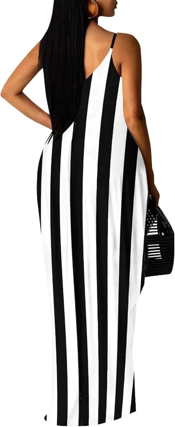 Women's Summer Maxi Dress Casual V-Neck Sleeveless Sundresses Spaghetti Strap Loose Long Dress with Pockets