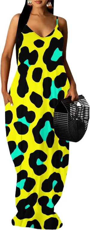 Women's Summer Maxi Dress Casual V-Neck Sleeveless Sundresses Spaghetti Strap Loose Long Dress with Pockets