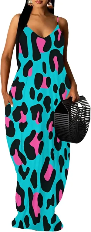 Women's Summer Maxi Dress Casual V-Neck Sleeveless Sundresses Spaghetti Strap Loose Long Dress with Pockets