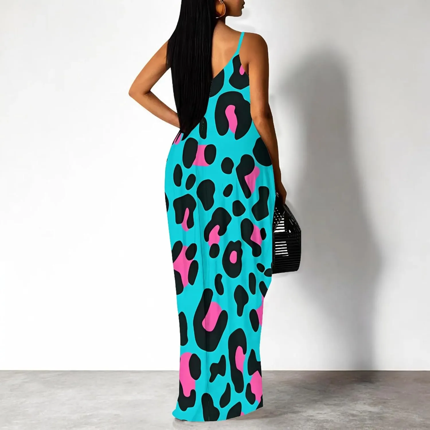 Women's Summer Maxi Dress Casual V-Neck Sleeveless Sundresses Spaghetti Strap Loose Long Dress with Pockets