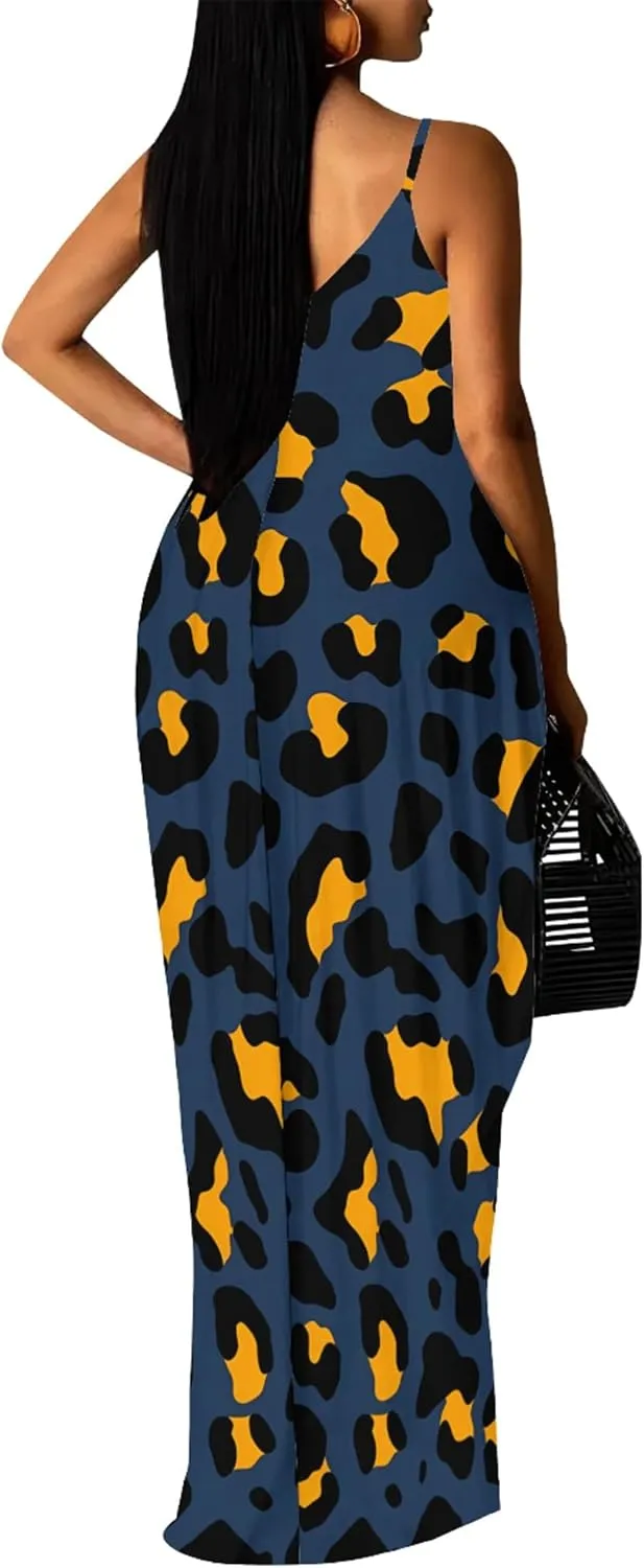 Women's Summer Maxi Dress Casual V-Neck Sleeveless Sundresses Spaghetti Strap Loose Long Dress with Pockets