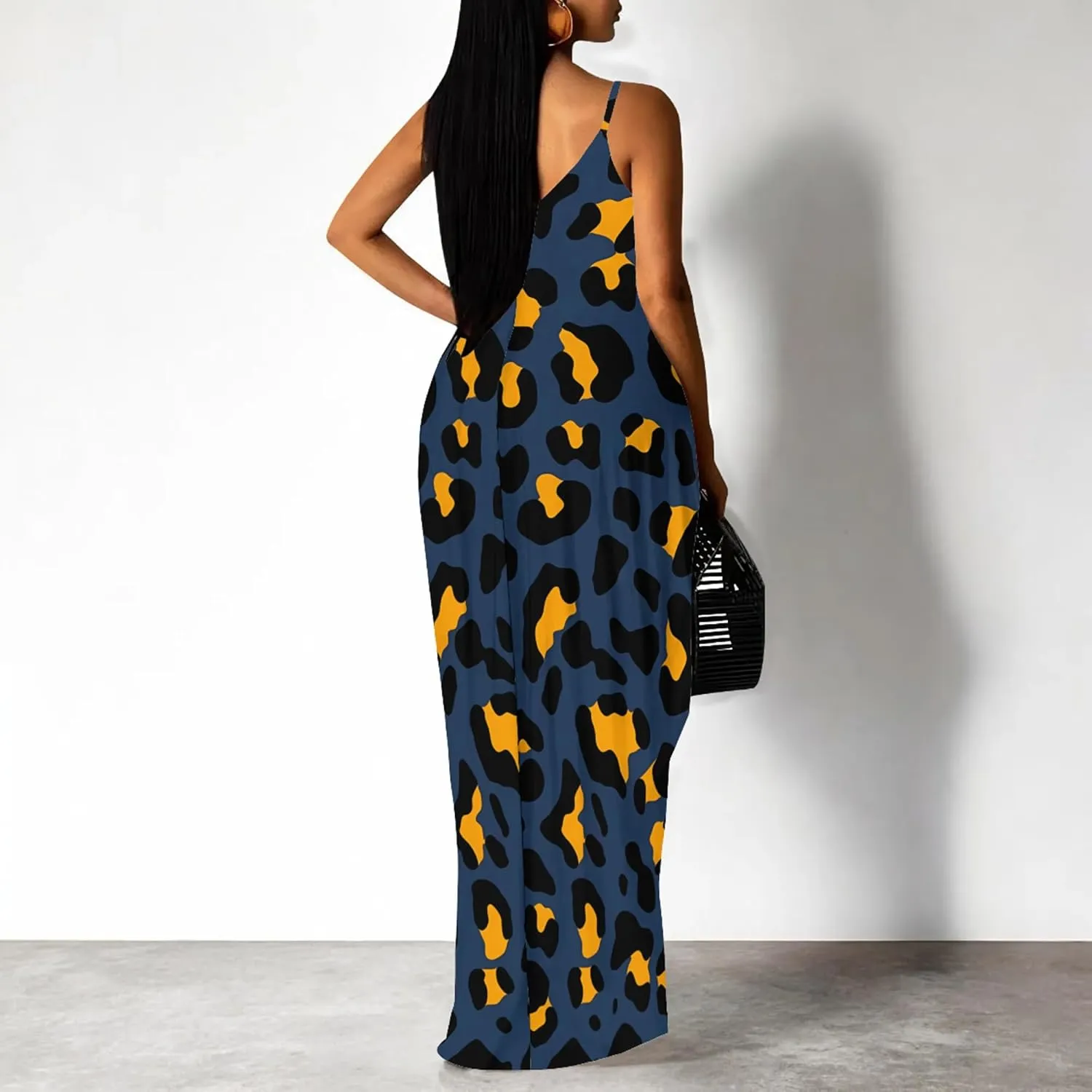 Women's Summer Maxi Dress Casual V-Neck Sleeveless Sundresses Spaghetti Strap Loose Long Dress with Pockets