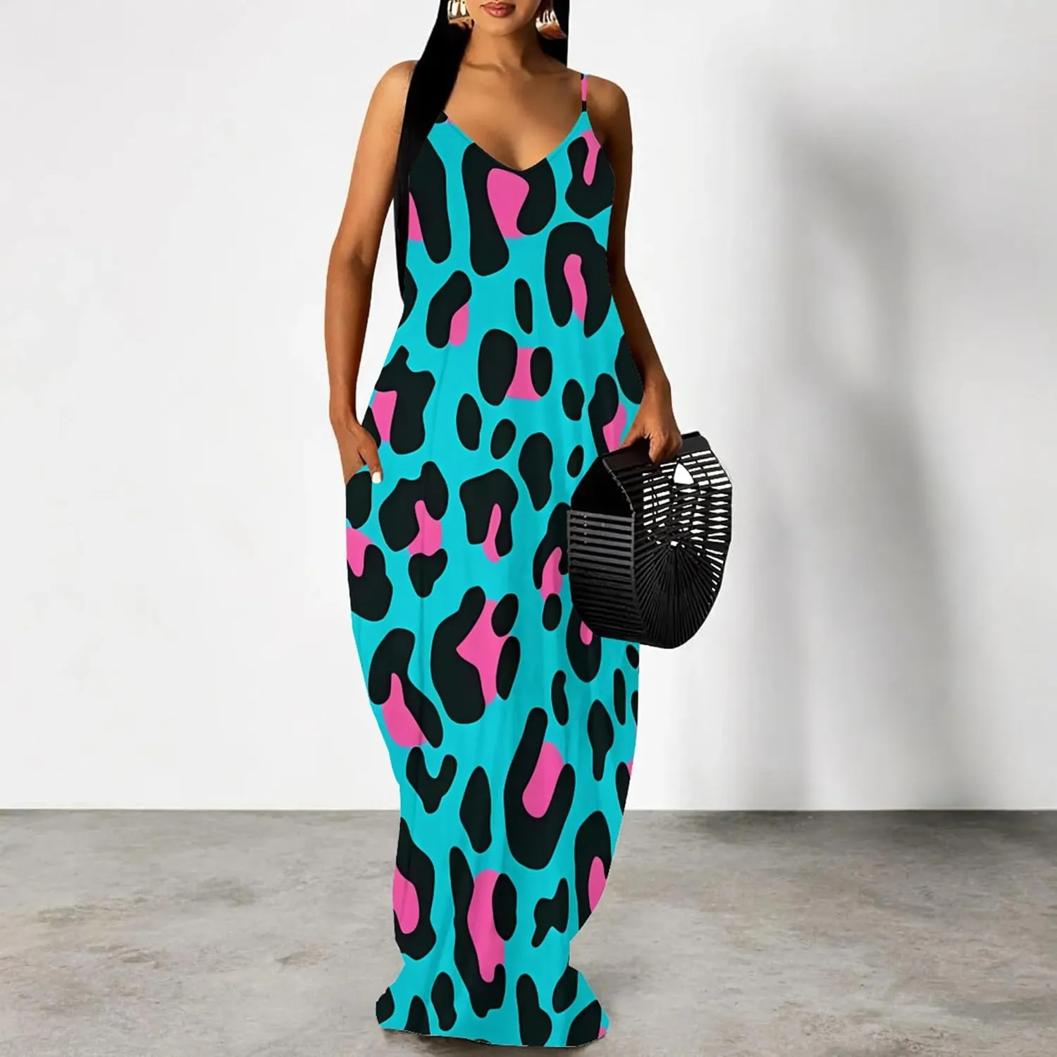 Women's Summer Maxi Dress Casual V-Neck Sleeveless Sundresses Spaghetti Strap Loose Long Dress with Pockets