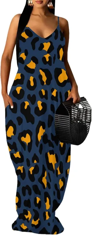Women's Summer Maxi Dress Casual V-Neck Sleeveless Sundresses Spaghetti Strap Loose Long Dress with Pockets