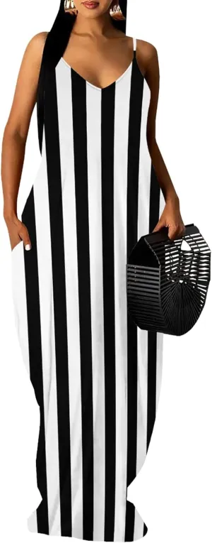 Women's Summer Maxi Dress Casual V-Neck Sleeveless Sundresses Spaghetti Strap Loose Long Dress with Pockets