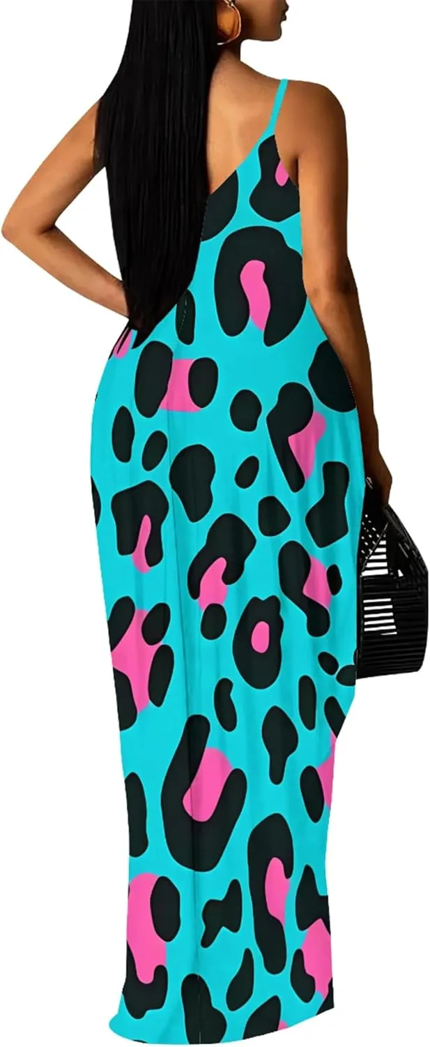 Women's Summer Maxi Dress Casual V-Neck Sleeveless Sundresses Spaghetti Strap Loose Long Dress with Pockets