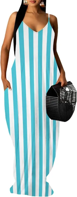 Women's Summer Maxi Dress Casual V-Neck Sleeveless Sundresses Spaghetti Strap Loose Long Dress with Pockets