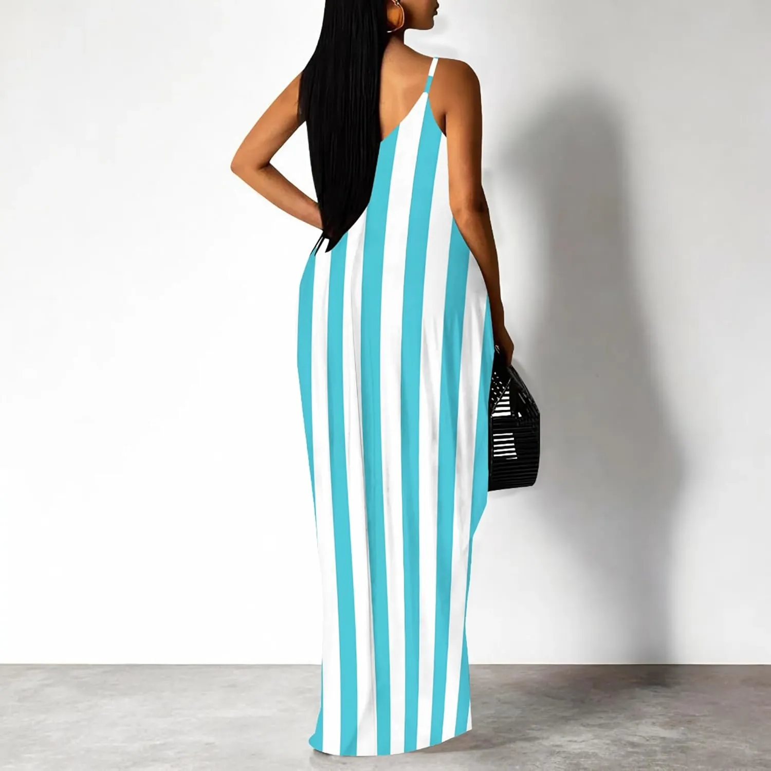 Women's Summer Maxi Dress Casual V-Neck Sleeveless Sundresses Spaghetti Strap Loose Long Dress with Pockets
