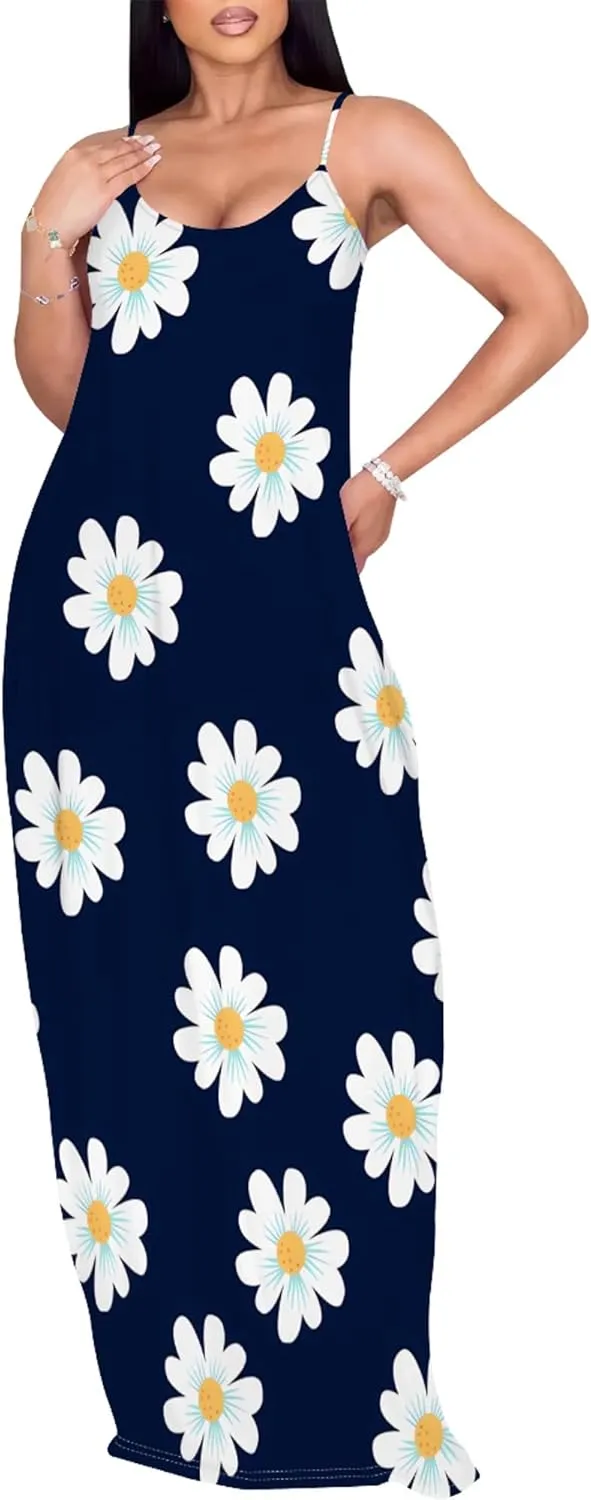 Women's Summer Maxi Dress Casual V-Neck Sleeveless Sundresses Spaghetti Strap Loose Long Dress with Pockets