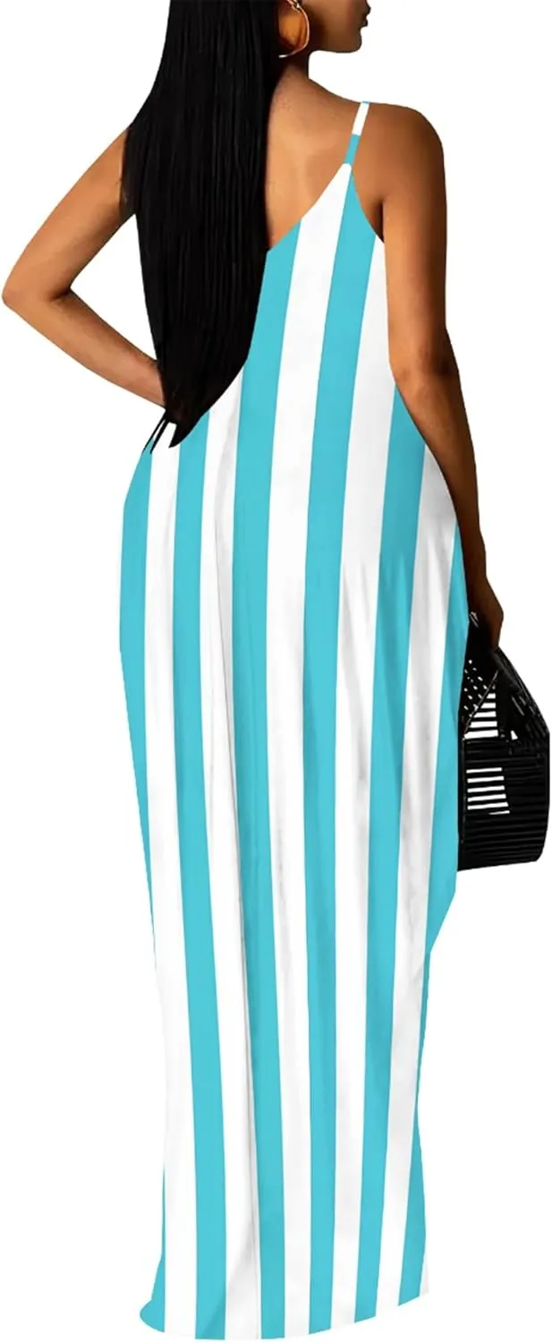 Women's Summer Maxi Dress Casual V-Neck Sleeveless Sundresses Spaghetti Strap Loose Long Dress with Pockets