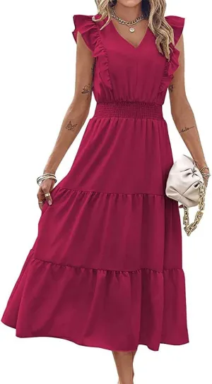 Womens Summer Maxi Dress V Neck Cap Ruffle Sleeve Smocked Dresses Casual Boho Flowy Swing Tiered Beach Sundress