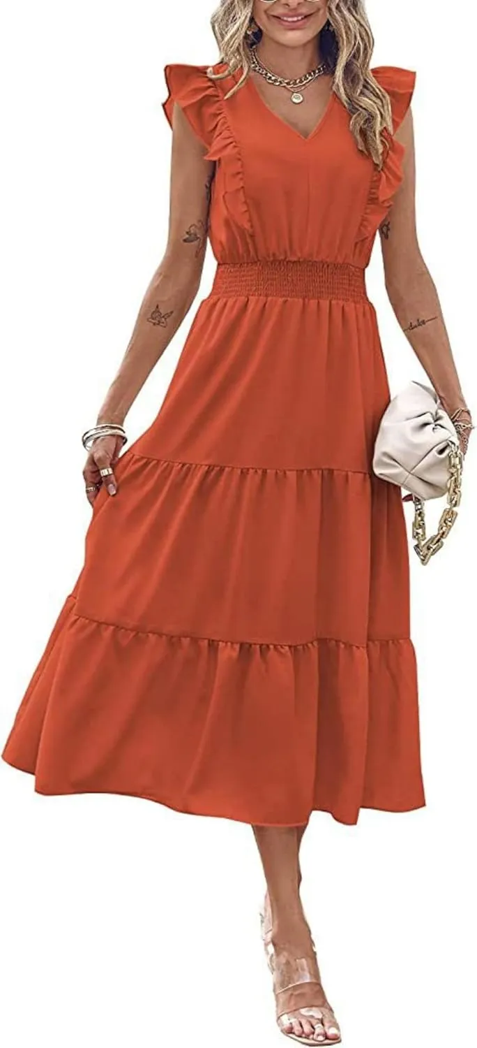 Womens Summer Maxi Dress V Neck Cap Ruffle Sleeve Smocked Dresses Casual Boho Flowy Swing Tiered Beach Sundress