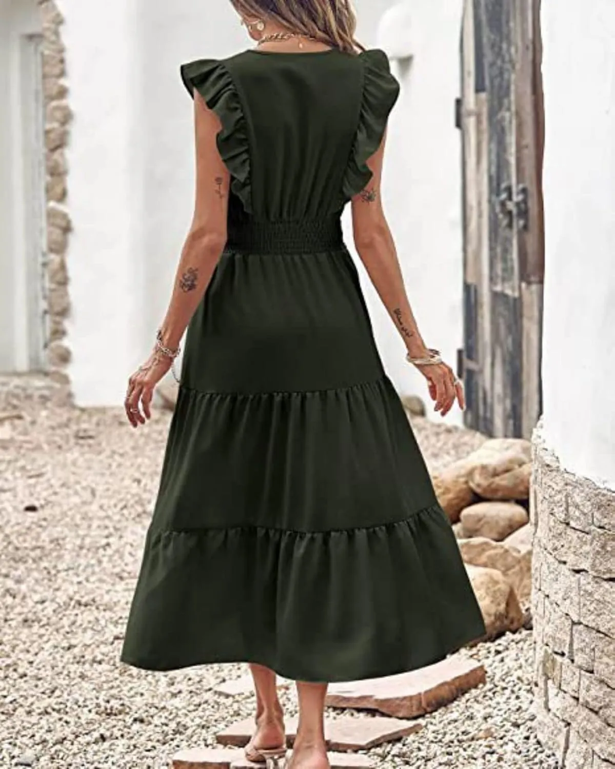 Womens Summer Maxi Dress V Neck Cap Ruffle Sleeve Smocked Dresses Casual Boho Flowy Swing Tiered Beach Sundress