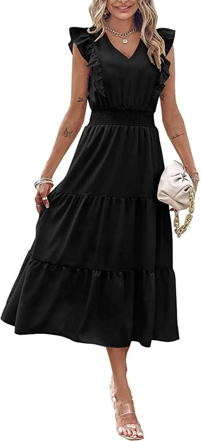 Womens Summer Maxi Dress V Neck Cap Ruffle Sleeve Smocked Dresses Casual Boho Flowy Swing Tiered Beach Sundress