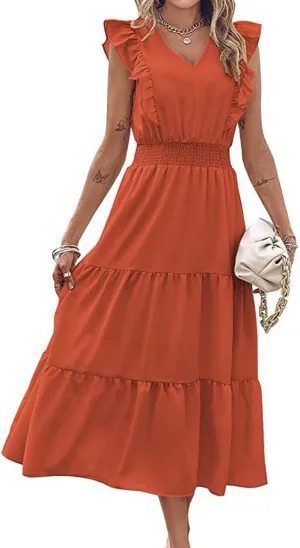Womens Summer Maxi Dress V Neck Cap Ruffle Sleeve Smocked Dresses Casual Boho Flowy Swing Tiered Beach Sundress