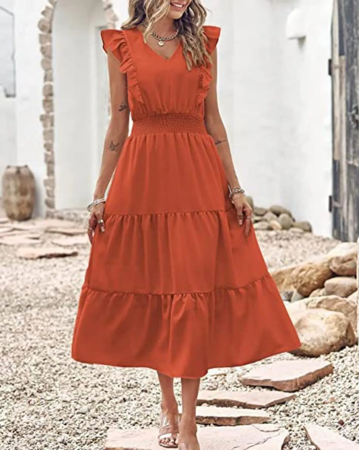 Womens Summer Maxi Dress V Neck Cap Ruffle Sleeve Smocked Dresses Casual Boho Flowy Swing Tiered Beach Sundress