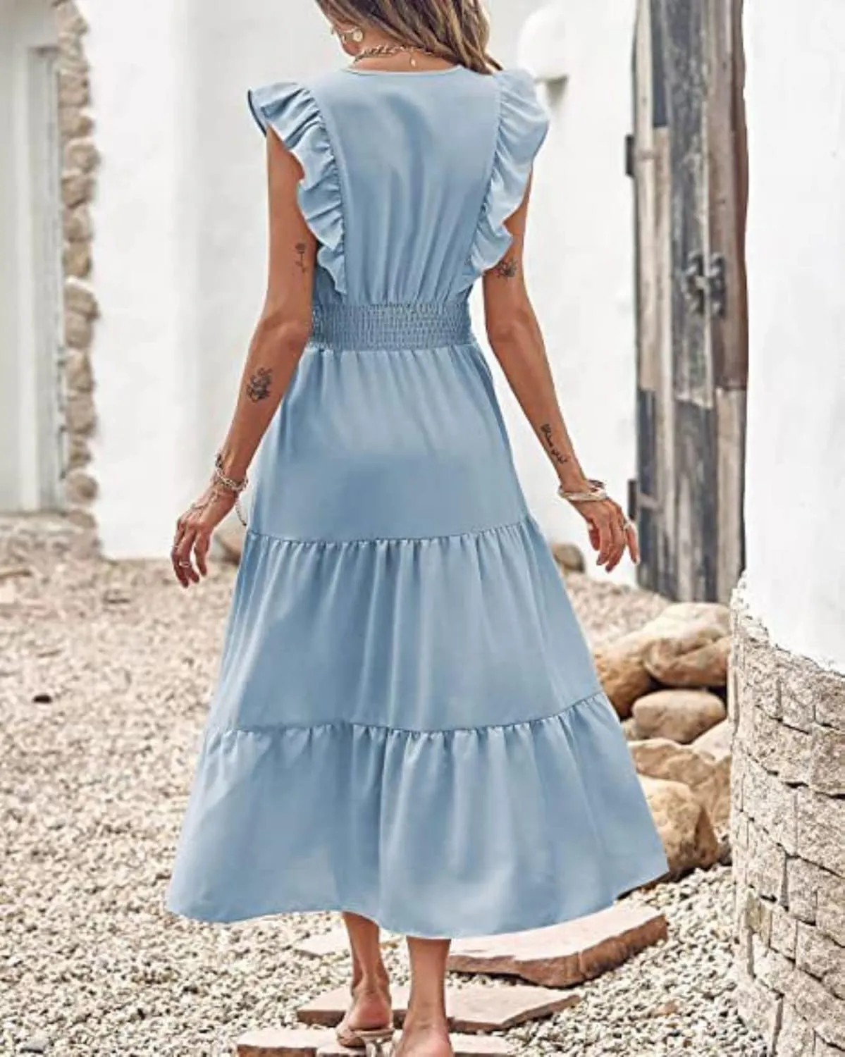 Womens Summer Maxi Dress V Neck Cap Ruffle Sleeve Smocked Dresses Casual Boho Flowy Swing Tiered Beach Sundress
