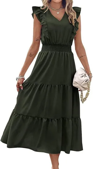 Womens Summer Maxi Dress V Neck Cap Ruffle Sleeve Smocked Dresses Casual Boho Flowy Swing Tiered Beach Sundress