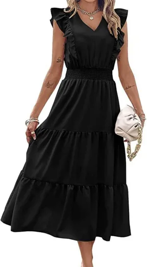 Womens Summer Maxi Dress V Neck Cap Ruffle Sleeve Smocked Dresses Casual Boho Flowy Swing Tiered Beach Sundress