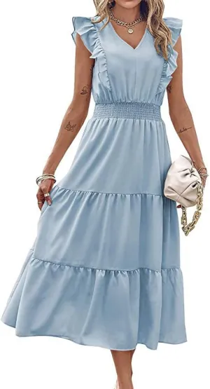 Womens Summer Maxi Dress V Neck Cap Ruffle Sleeve Smocked Dresses Casual Boho Flowy Swing Tiered Beach Sundress