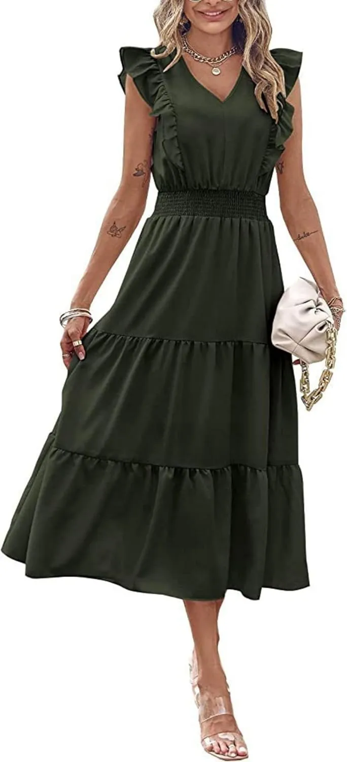 Womens Summer Maxi Dress V Neck Cap Ruffle Sleeve Smocked Dresses Casual Boho Flowy Swing Tiered Beach Sundress