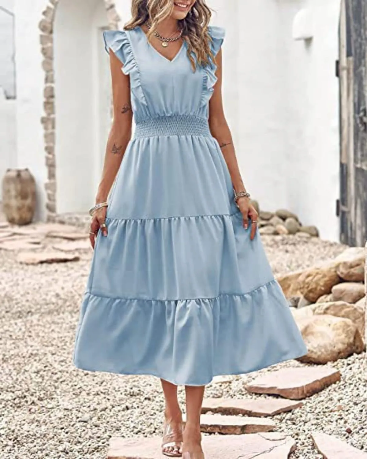 Womens Summer Maxi Dress V Neck Cap Ruffle Sleeve Smocked Dresses Casual Boho Flowy Swing Tiered Beach Sundress