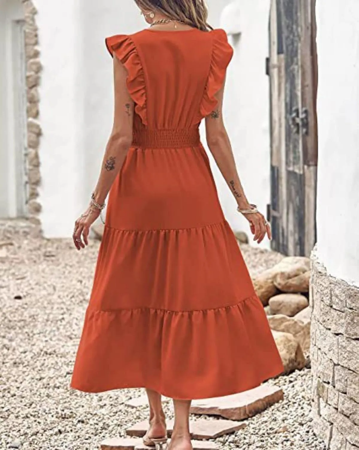 Womens Summer Maxi Dress V Neck Cap Ruffle Sleeve Smocked Dresses Casual Boho Flowy Swing Tiered Beach Sundress