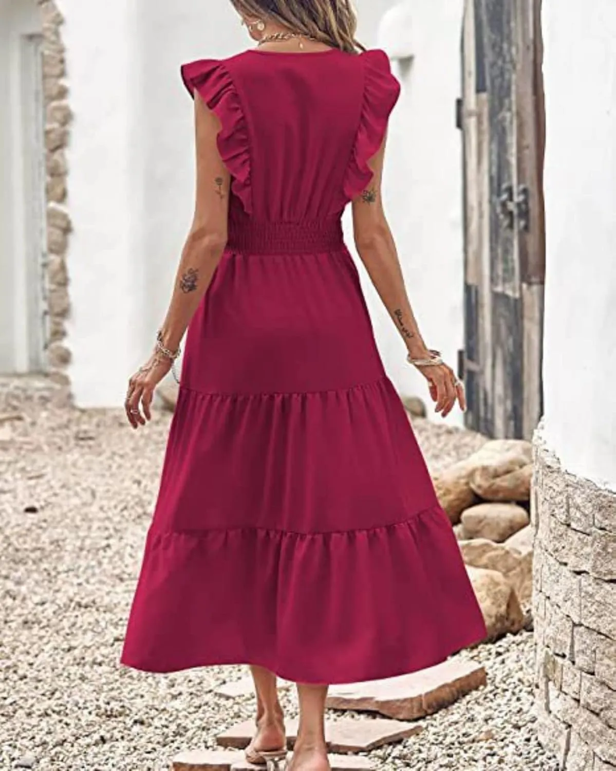 Womens Summer Maxi Dress V Neck Cap Ruffle Sleeve Smocked Dresses Casual Boho Flowy Swing Tiered Beach Sundress